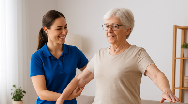 Nurse supporting elderly at home